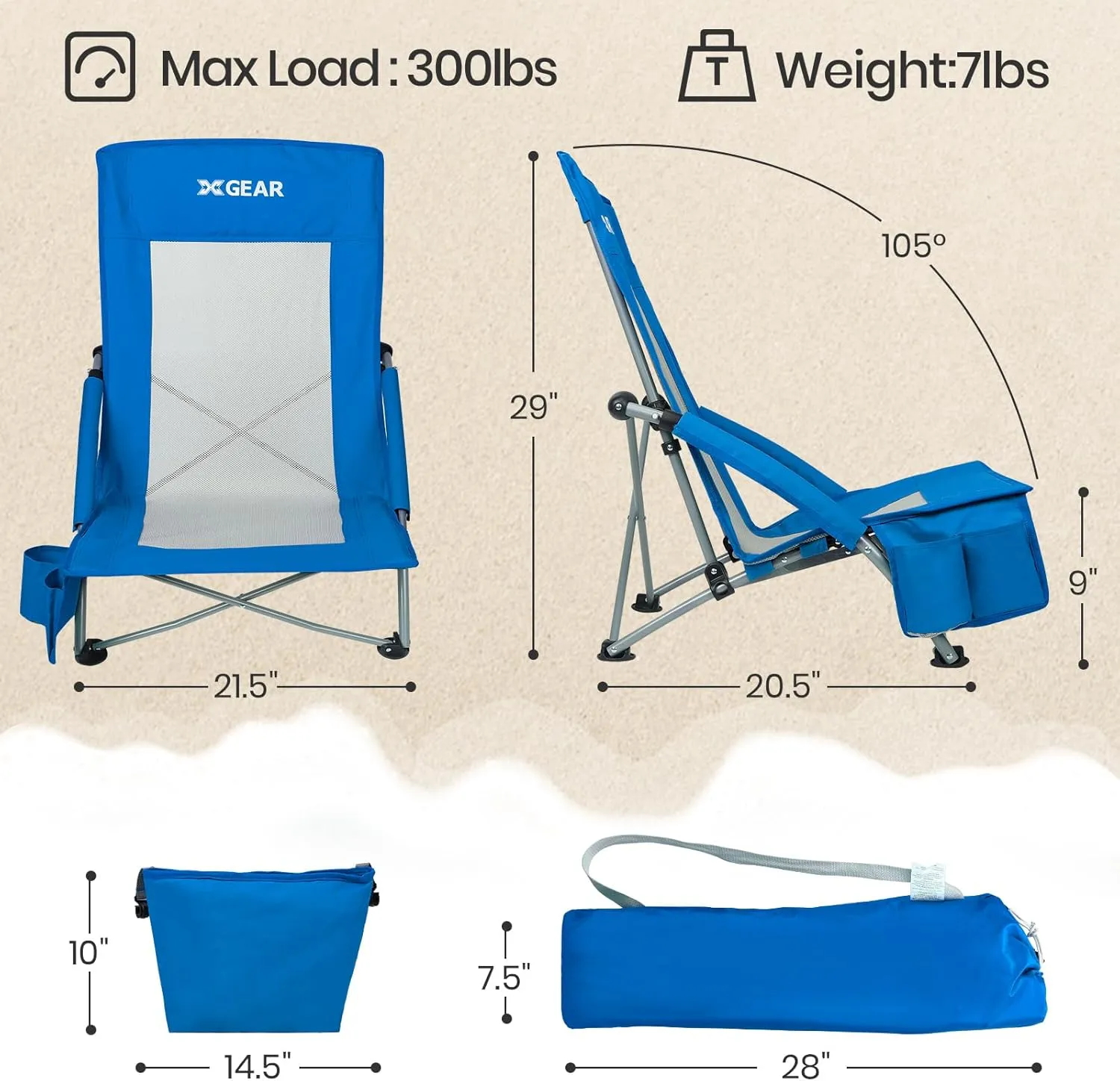 XGEAR Beach Chair Sturdy Beach Chairs for Adults with Cooler Bag, High Back Camping Chair with Side Pocket, Cup Holder & Carry Bag, for Outdoor Sand-Blue