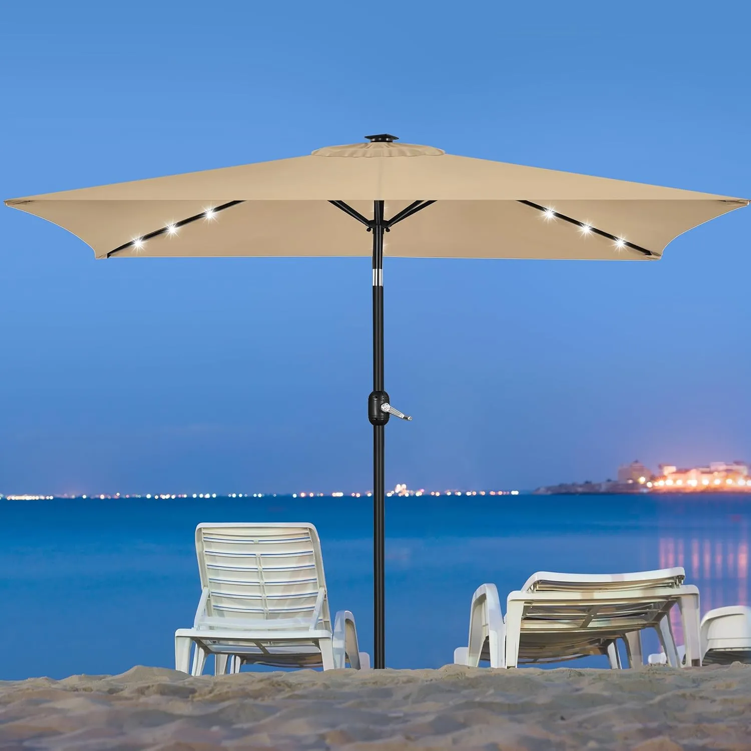 Yaheetech 6.5x10FT Rectangular Patio Umbrella Solar Powered Outdoor Table Market Umbrella with LED Lights & Push Button Tilt & Easy Crank for Garden/Lawn/Beach/Pool/Deck Tan