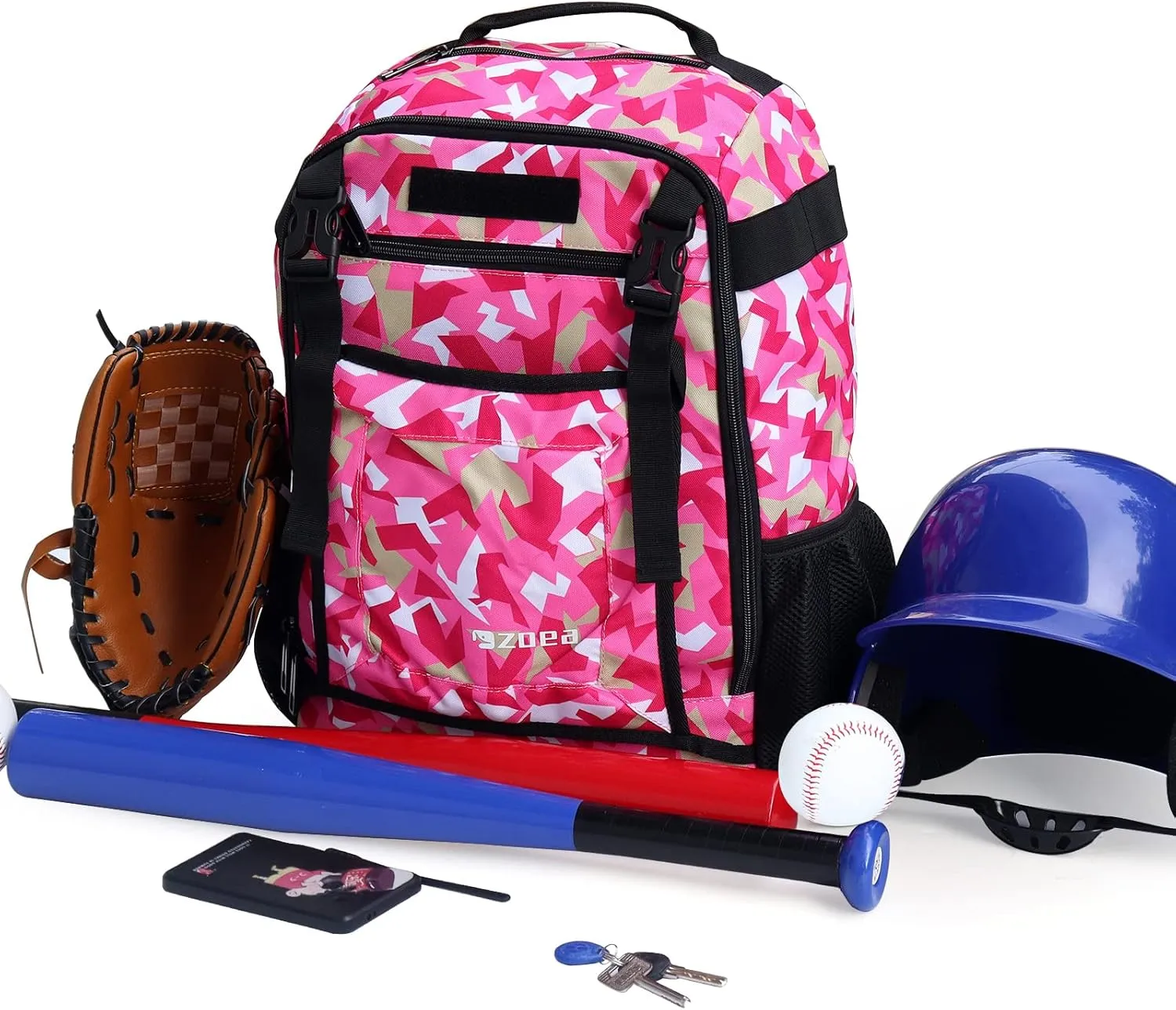 ZOEA Youth Baseball Bat Bag Backpack, T-Ball & Softball Equipment & Gear for Youth, Large Capacity Holds 2 Bats, Helmet, Gloves, Cleats, Helmet Holder and Includes Fence Hook