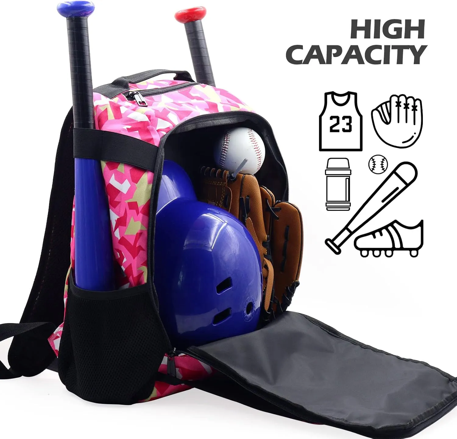 ZOEA Youth Baseball Bat Bag Backpack, T-Ball & Softball Equipment & Gear for Youth, Large Capacity Holds 2 Bats, Helmet, Gloves, Cleats, Helmet Holder and Includes Fence Hook