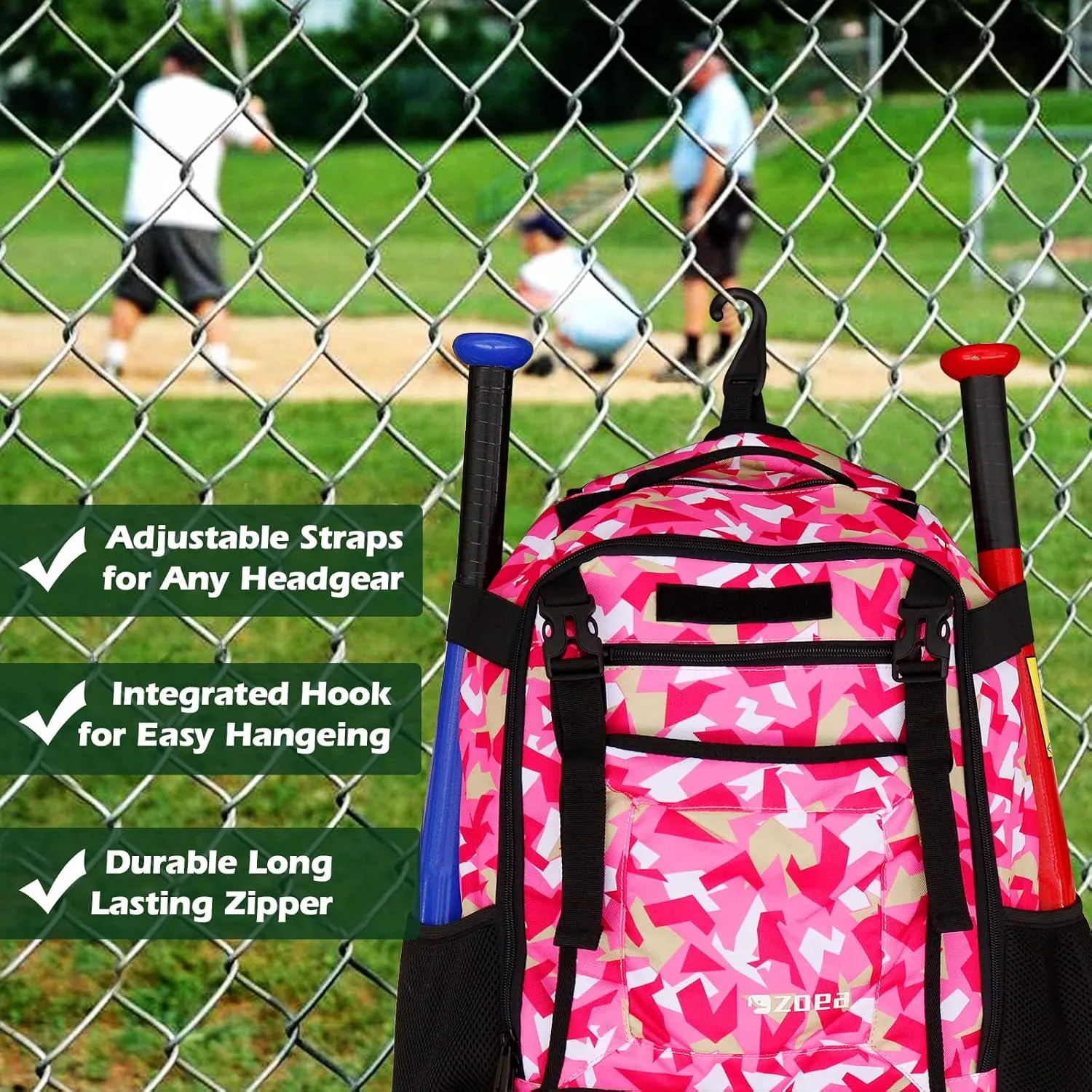 ZOEA Youth Baseball Bat Bag Backpack, T-Ball & Softball Equipment & Gear for Youth, Large Capacity Holds 2 Bats, Helmet, Gloves, Cleats, Helmet Holder and Includes Fence Hook