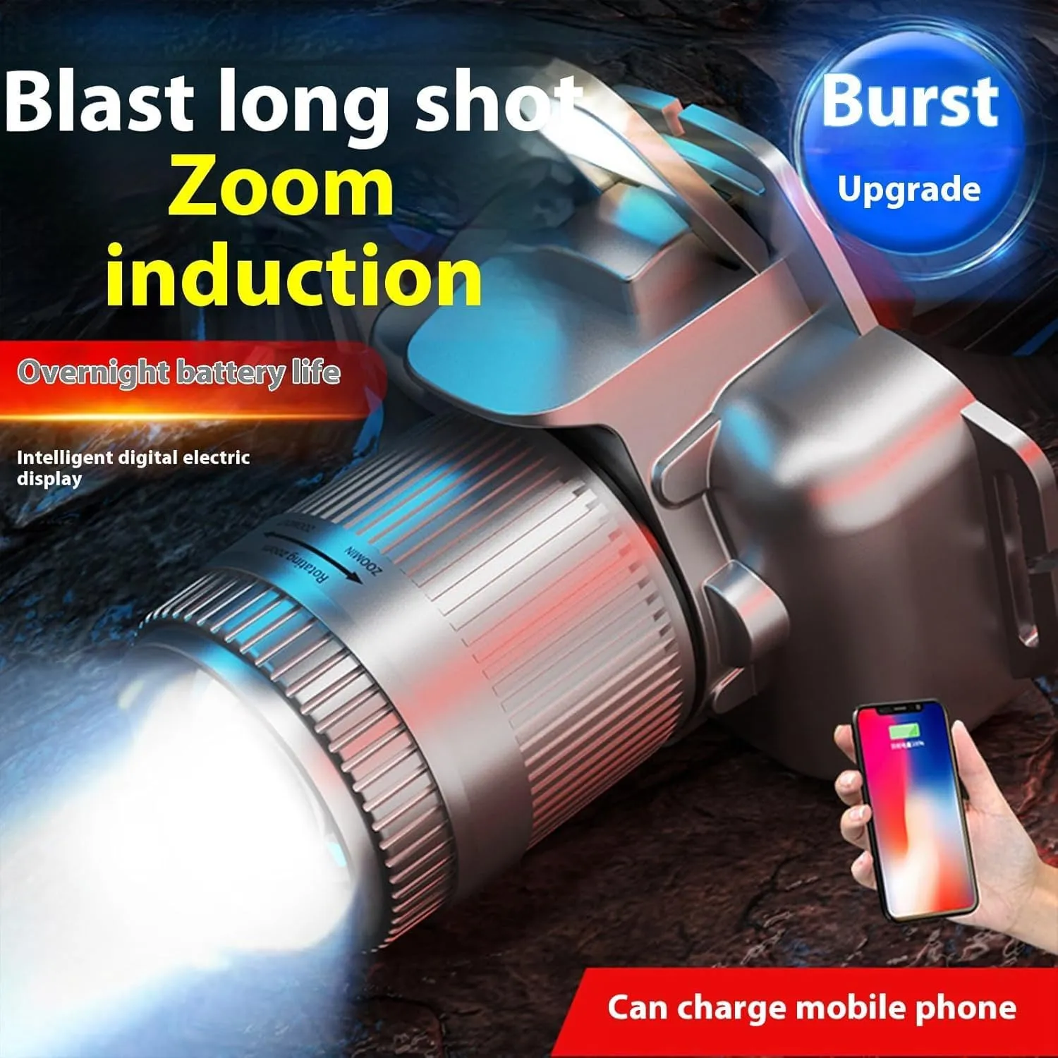 Zoomable LED Headlamp with 6 Modes & Motion Sensor, Rechargeable Head Lamp Motion Sensor Super Bright Headlamp with Red Light Flashlight for Running Camping (Black)