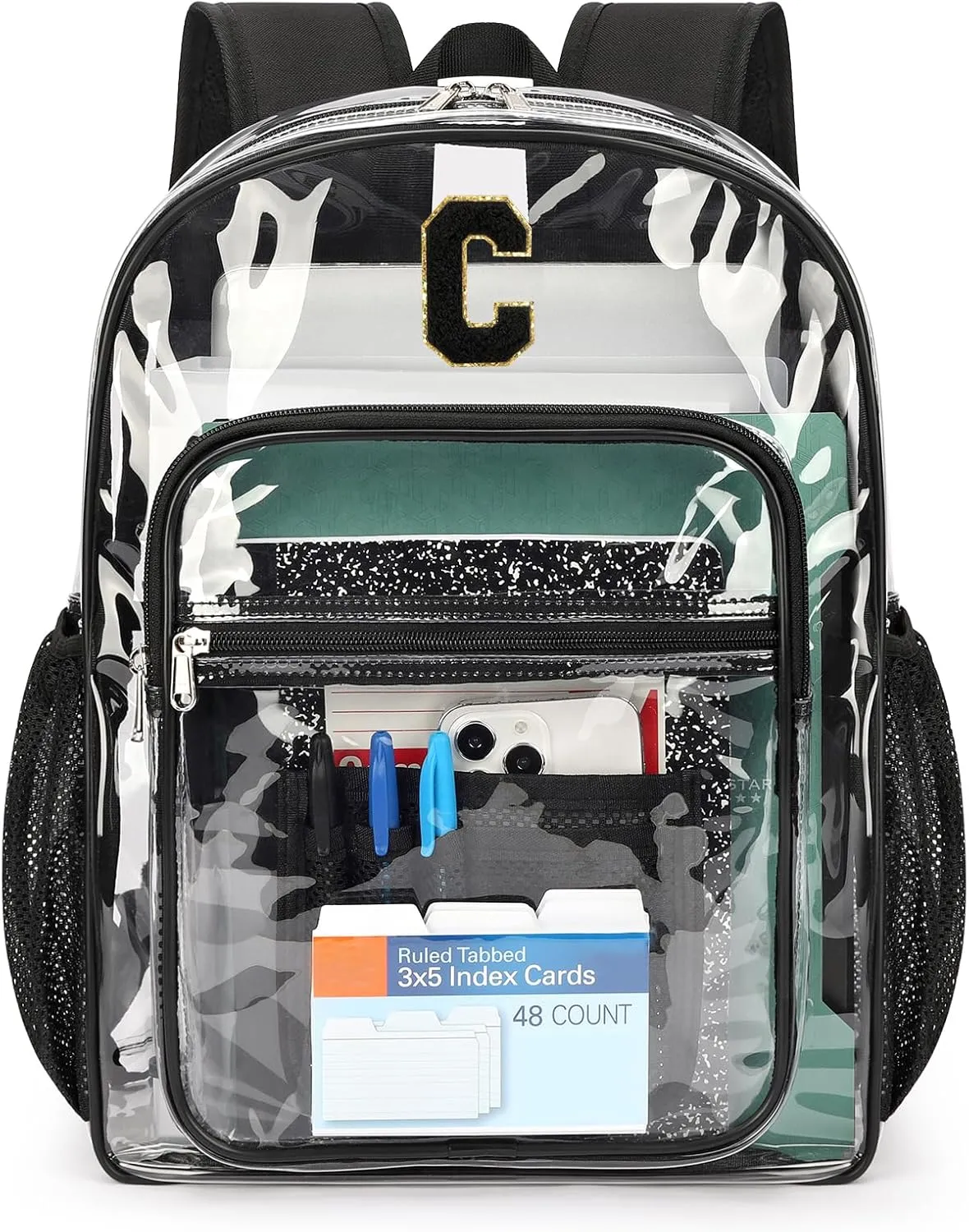 ZORFIN Clear Backpack for School: Large Clear Bookbag with Padded Straps - Heavy Duty PVC Transparent Backpack Black C