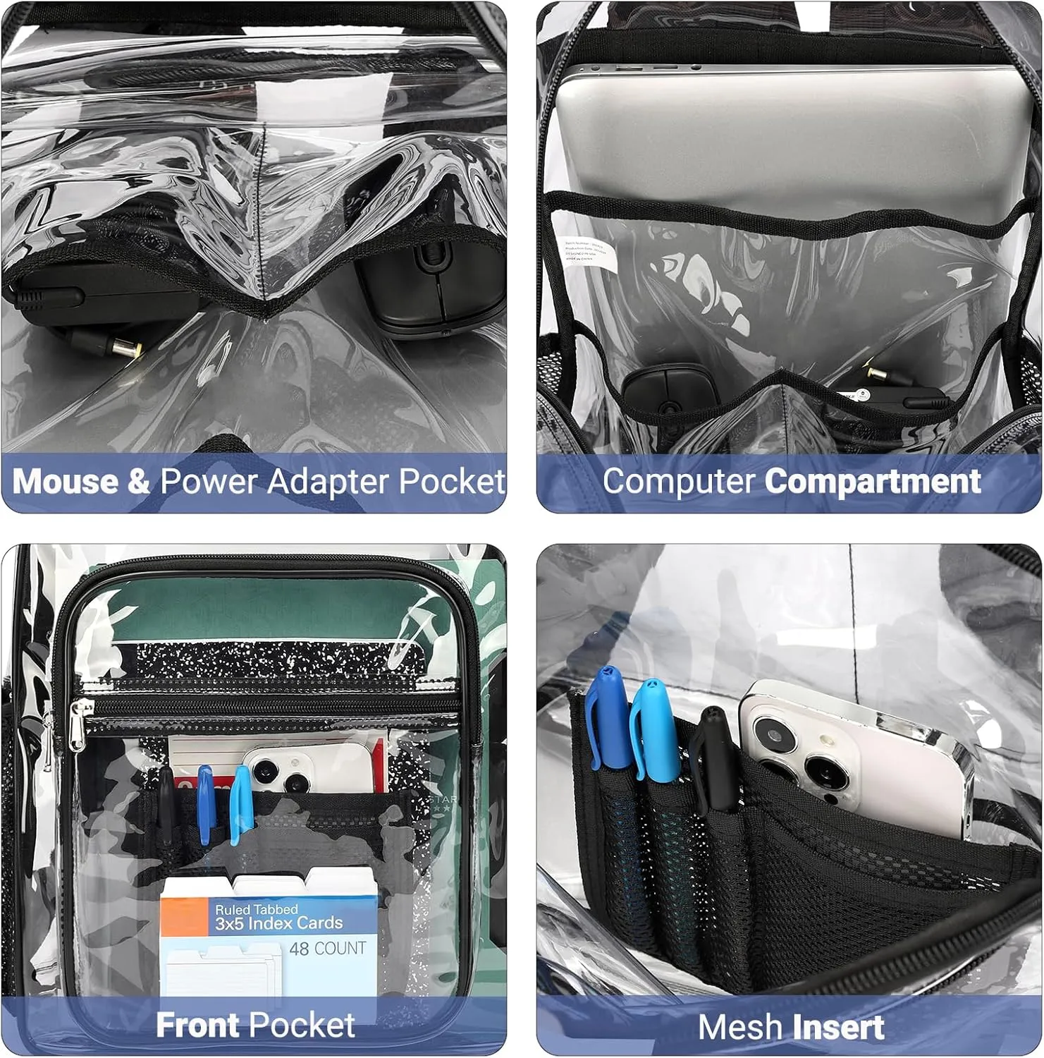 ZORFIN Clear Backpack for School: Large Clear Bookbag with Padded Straps - Heavy Duty PVC Transparent Backpack Black C