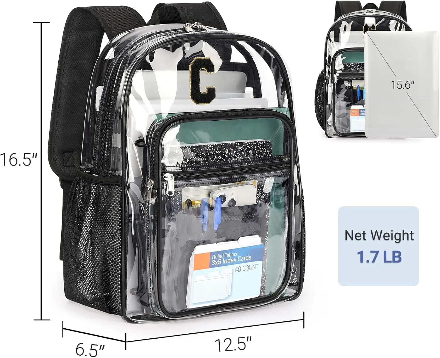 ZORFIN Clear Backpack for School: Large Clear Bookbag with Padded Straps - Heavy Duty PVC Transparent Backpack Black C