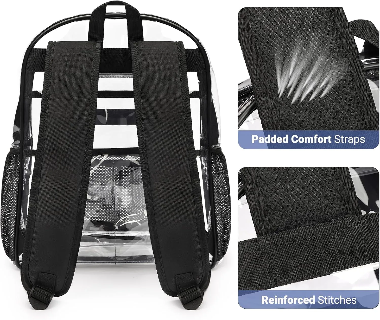 ZORFIN Clear Backpack for School: Large Clear Bookbag with Padded Straps - Heavy Duty PVC Transparent Backpack Black C