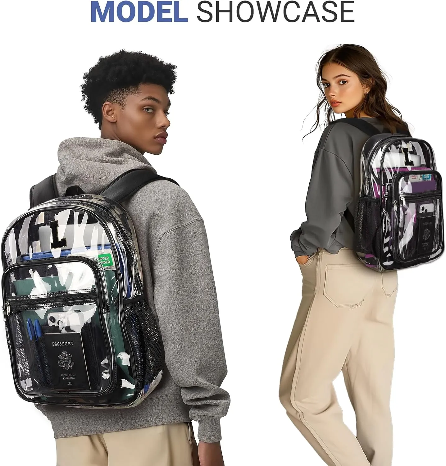 ZORFIN Clear Backpack for School: Large Clear Bookbag with Padded Straps - Heavy Duty PVC Transparent Backpack Black L