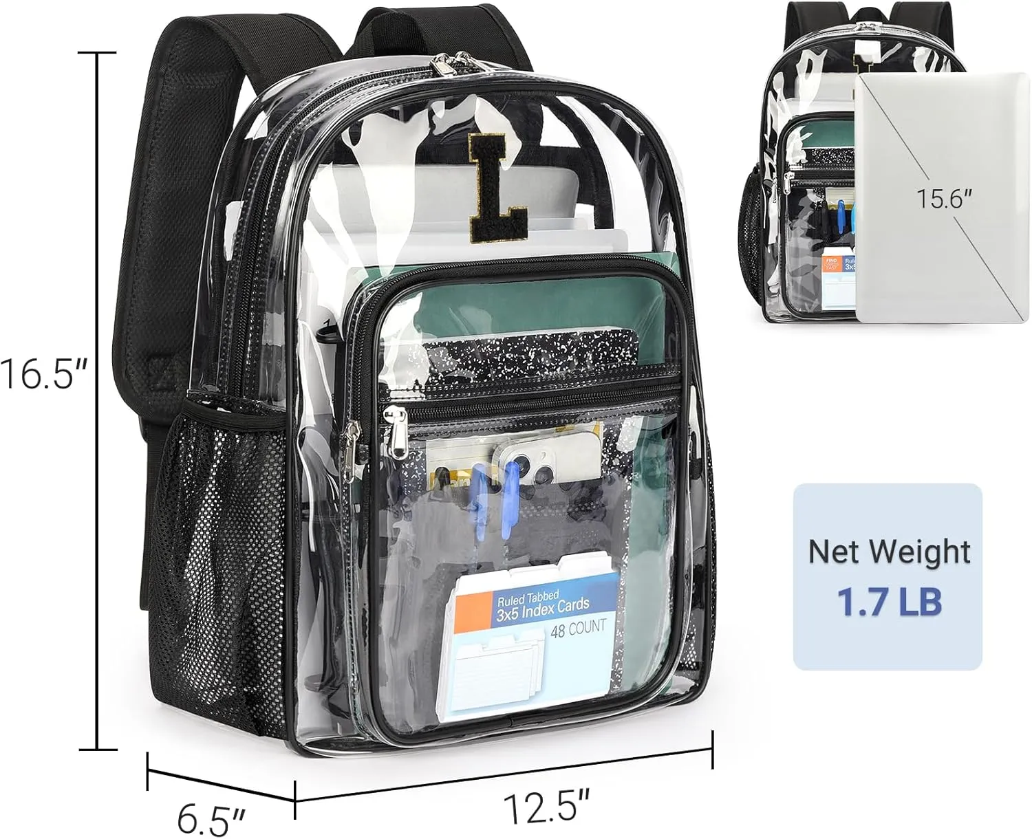 ZORFIN Clear Backpack for School: Large Clear Bookbag with Padded Straps - Heavy Duty PVC Transparent Backpack Black L